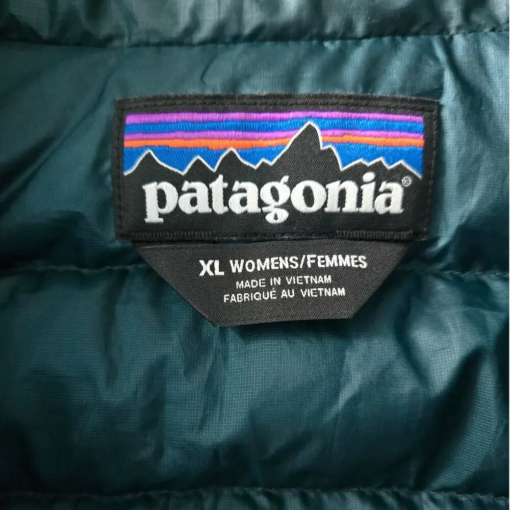 Patagonia Womens XL Down Puffer $179 Dark Borealis Green Striped Vest Retro
